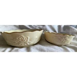 Pair Lenox Roses Floral Cream White Gold Rimmed Soup Bowls 5.5" & 4.5” Wide